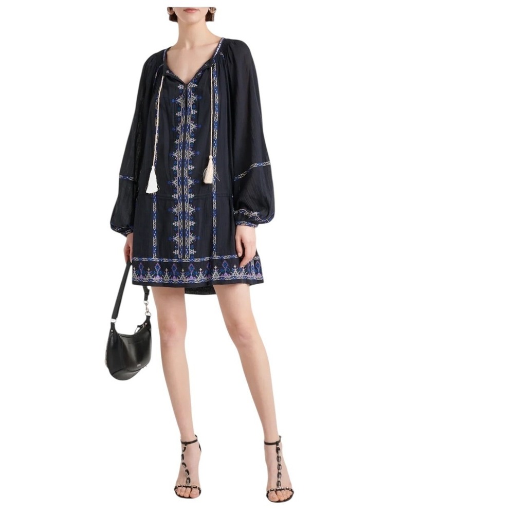 Marant Etoile Parsley Embroidered Cotton Gauze Tassel Dress Black‎ 38